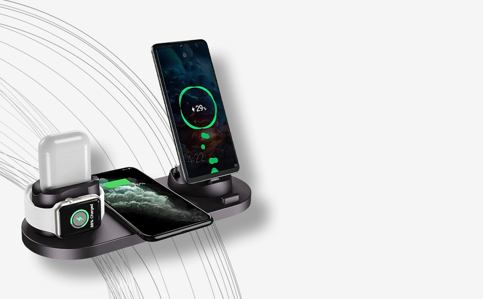 Multi device wireless charging station docking several electronic gadgets EDEN.