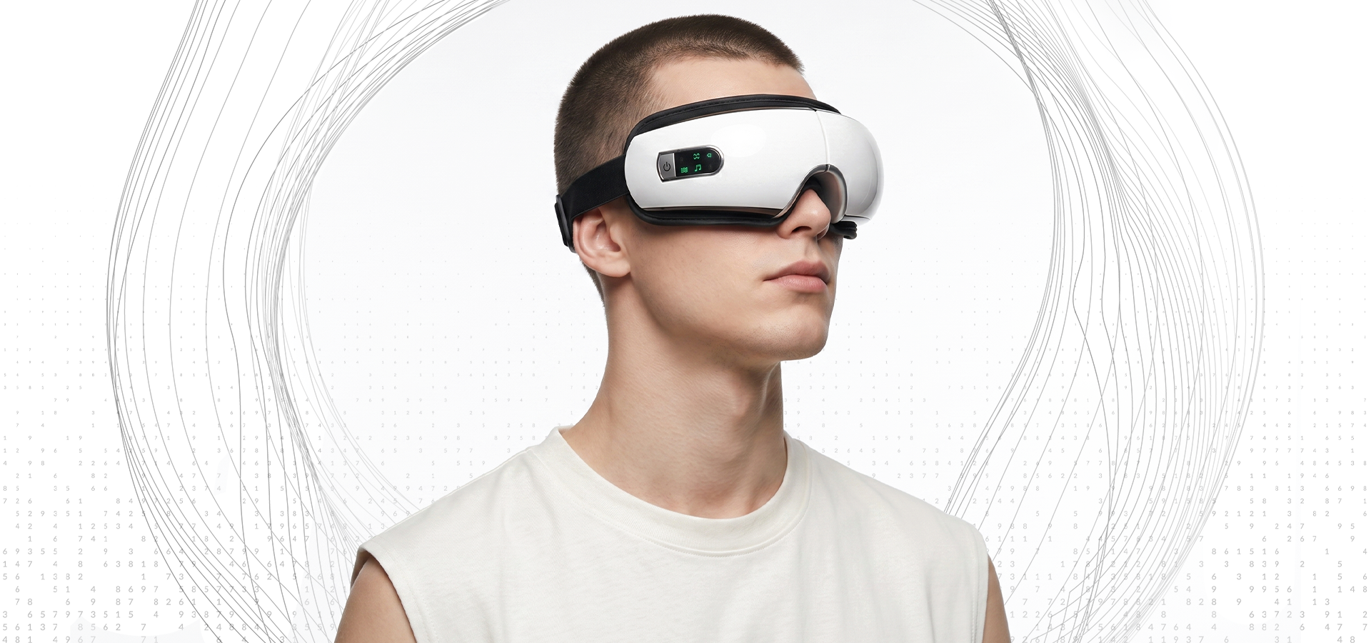 Young man wearing smart electric eye massager device EDEN.1621243260e1af0c20-2