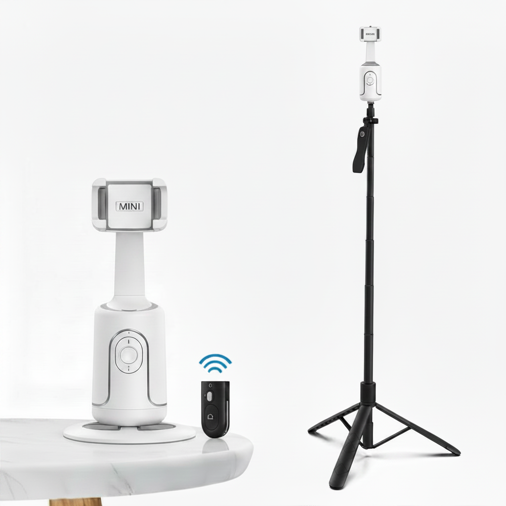 White AI Gimbal with Black selfie stand and black remote