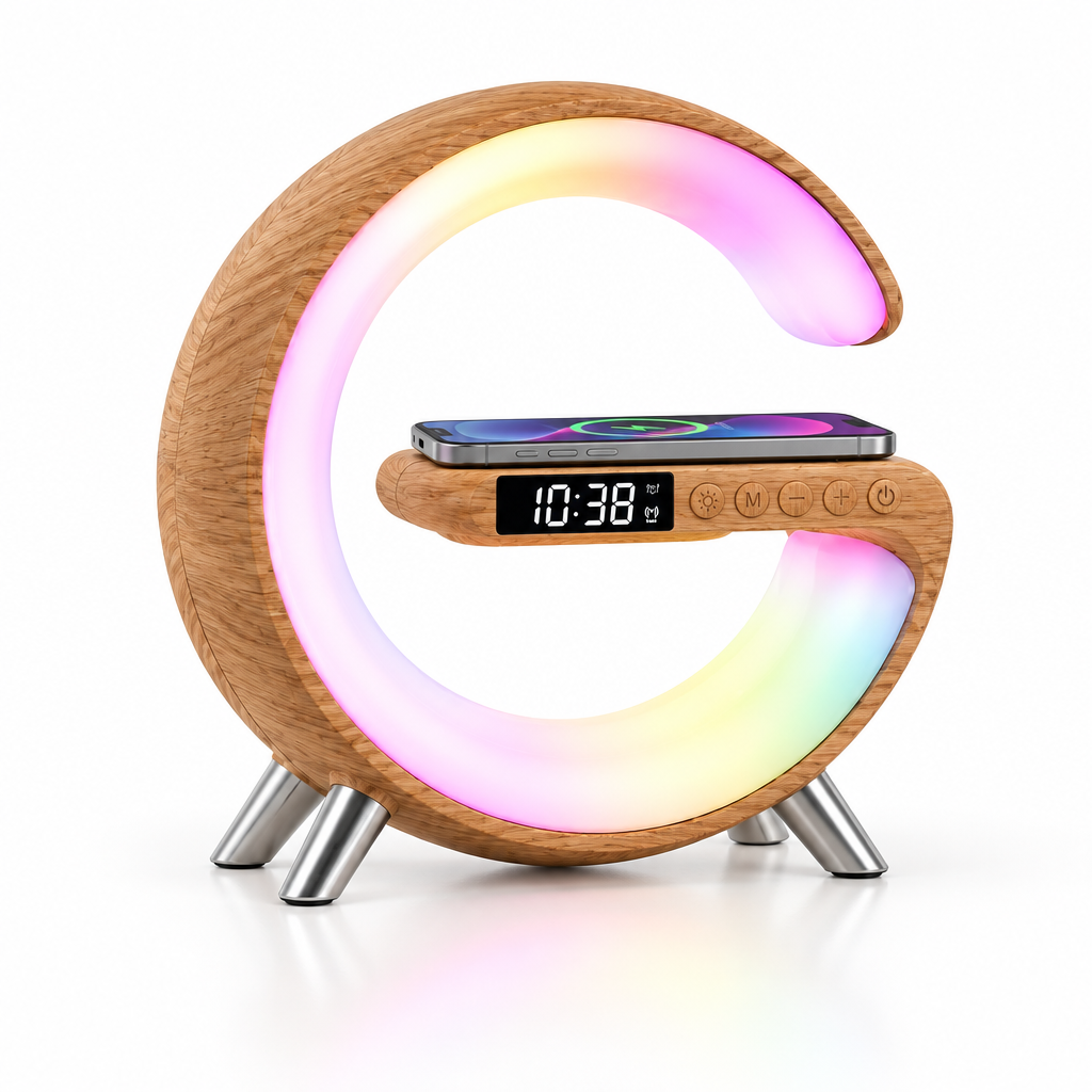 Wood-look lamp draft with 10:38 PM display and phone on charging shelf