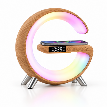 Wood-look lamp draft with 10:38 PM display and phone on charging shelf