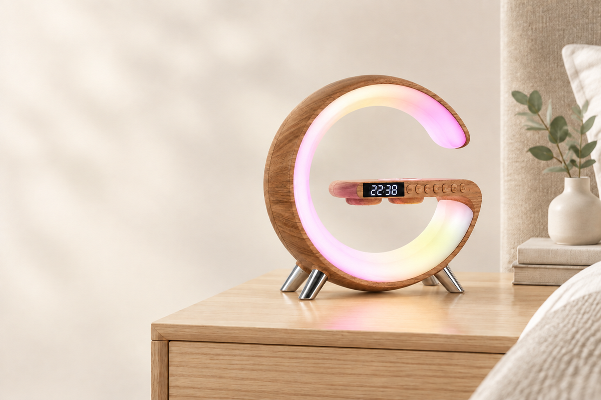 Wood-look lamp draft with clock set to 22:38